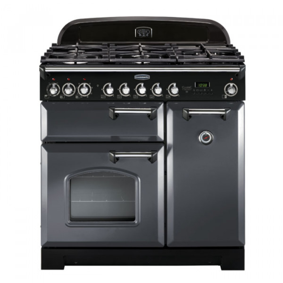 Classic 90cm dual fuel range cooker in slate with chrome trim, featuring a gas hob with six burners, two ovens, and a stylish design.