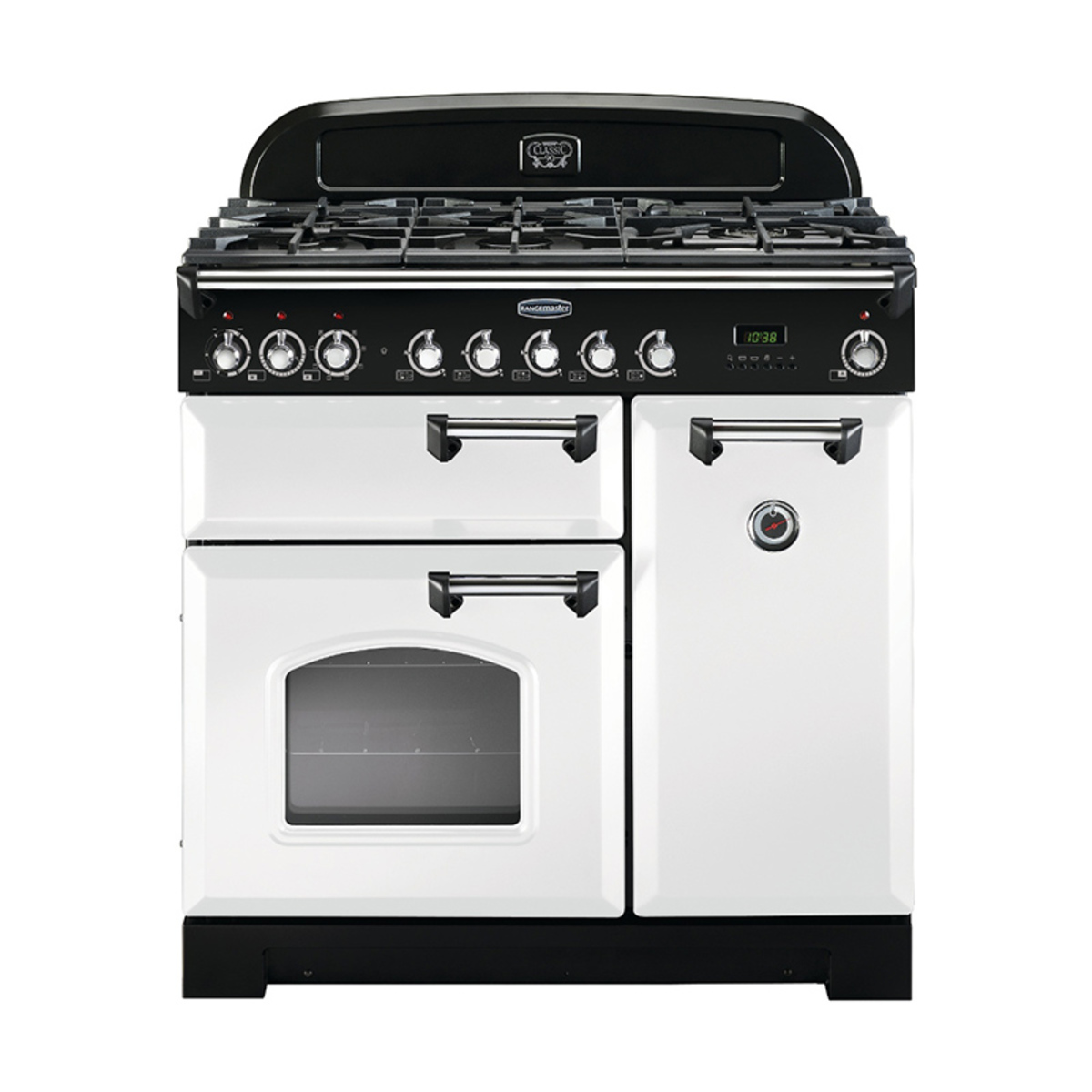 Classic 90cm dual fuel range cooker in white with chrome trim, featuring a gas hob with multiple burners, two ovens, and a sleek black control panel.