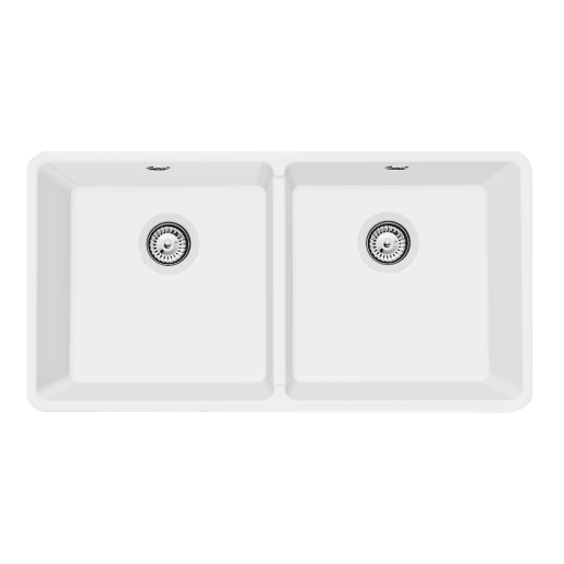 White double Belfast sink with a rectangular design, featuring two deep basins and polished metal strainers, measuring 895 x 460mm, crafted from durable ceramic material.
