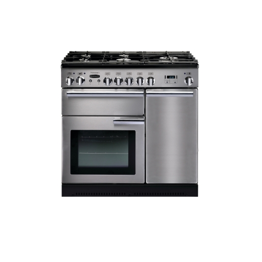 Stainless steel Rangemaster Professional Plus Dual Fuel Range Cooker, 90cm wide, featuring chrome trim, six gas burners, a large oven, and a sleek design.