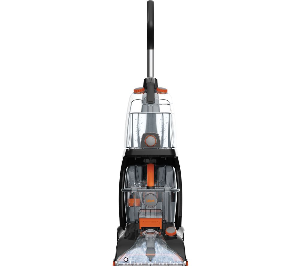 Vax CWGRV011 Rapid Power Revive Carpet Cleaner features a sleek black design with orange accents, a transparent water tank, and a convenient upright handle for easy maneuverability.