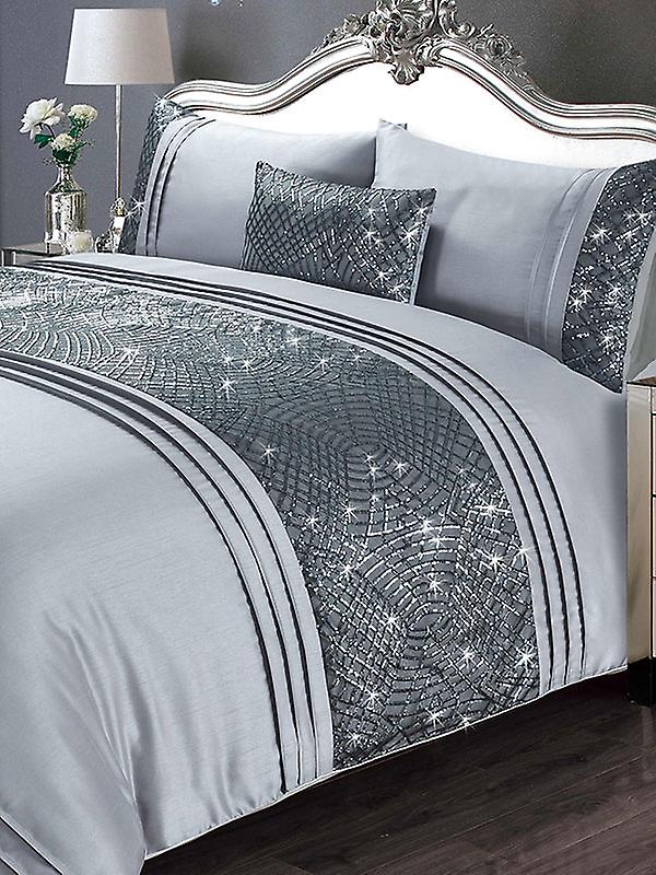 Grey double duvet set featuring a textured design with silver accents and sparkling details, complemented by matching pillowcases and a decorative cushion.