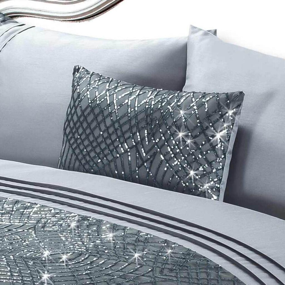Grey boudoir cushion filled with soft material, featuring a sparkling sequin design in a web pattern, adding a touch of glamour to a bedding set.