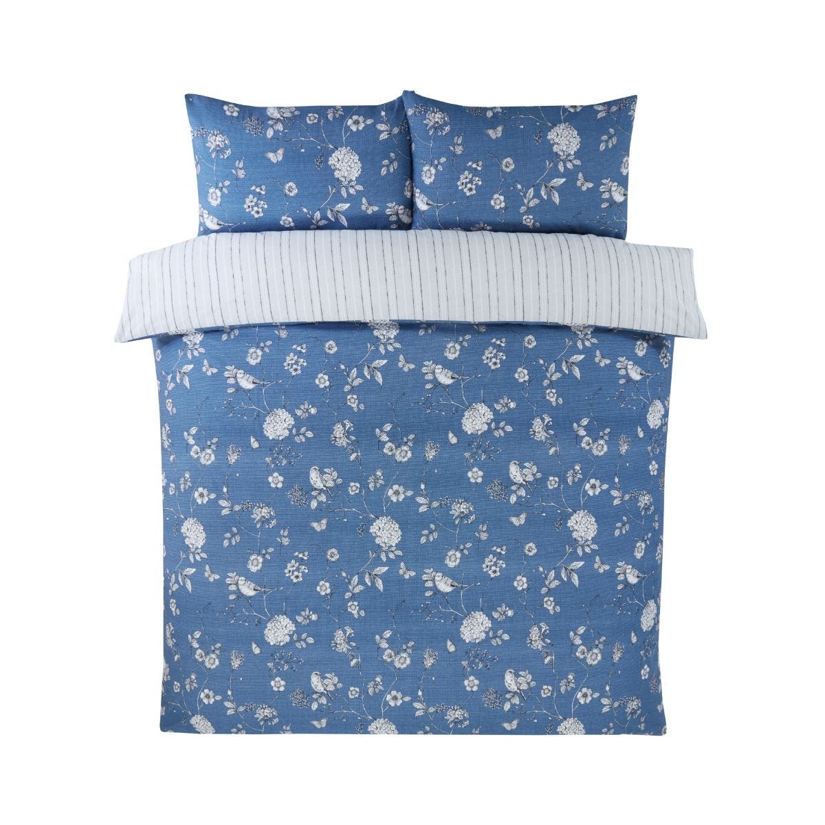 Double duvet set featuring a blue floral toile design with white flowers, complemented by striped white and blue pillowcases, made from soft fabric for comfort.