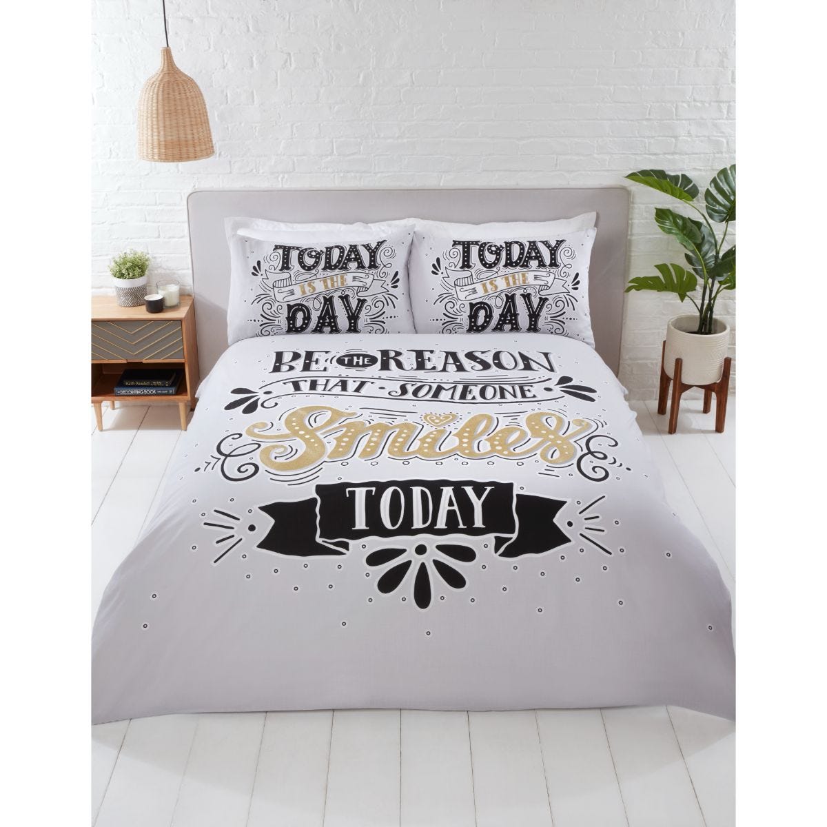 King size duvet cover set featuring a black, white, and gold design with the text "Today Is the Day" and decorative elements, complemented by matching pillowcases.