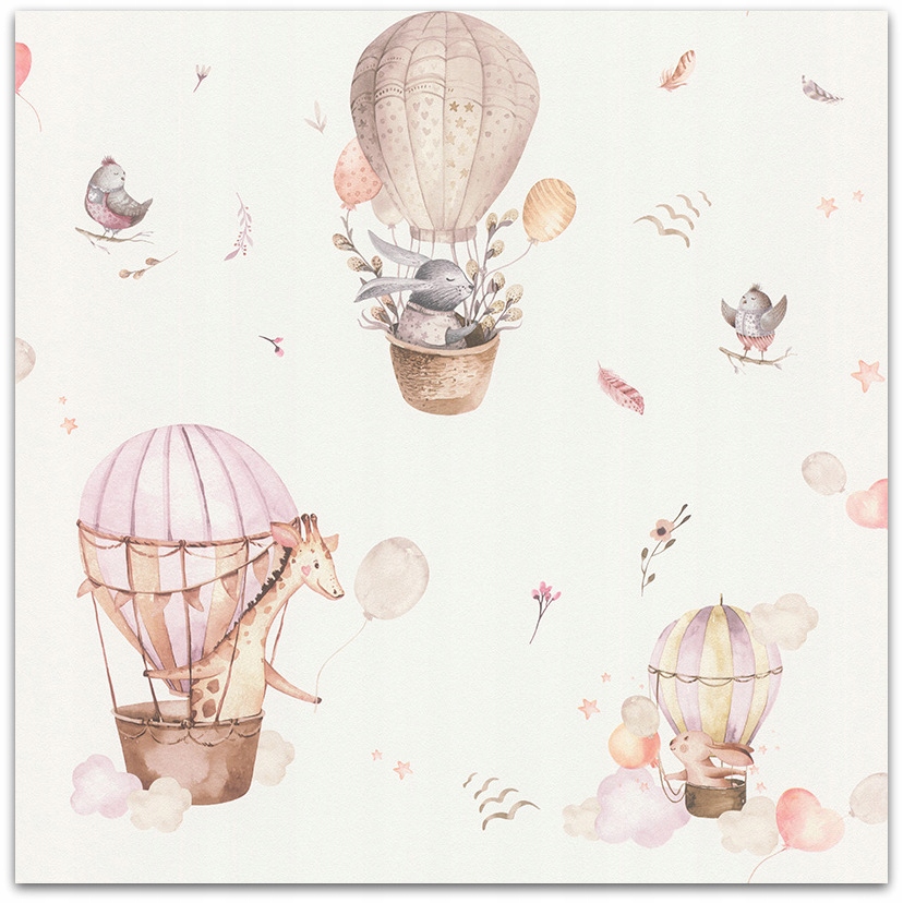 Whimsical wallpaper featuring pastel hot air balloons, a giraffe holding a balloon, and playful birds among soft clouds and floral elements.