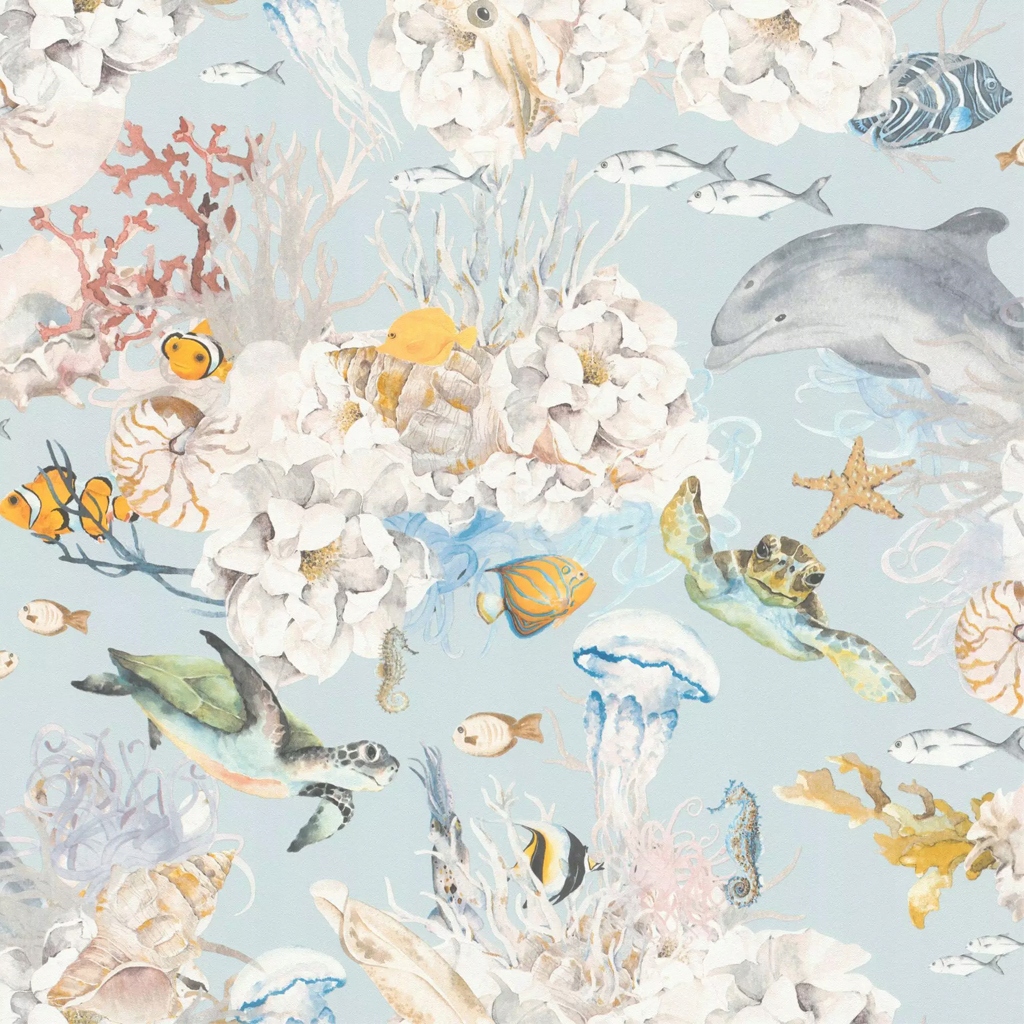 Light blue wallpaper featuring a coral reef design with sea turtles, dolphins, colorful fish, jellyfish, and coral, all illustrated in soft, watercolor styles.