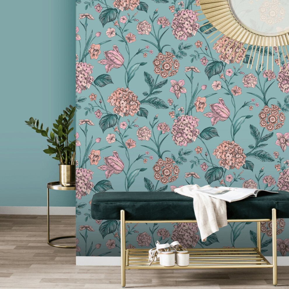Rasch Teal Amelie Hydrangea Wallpaper - image 4