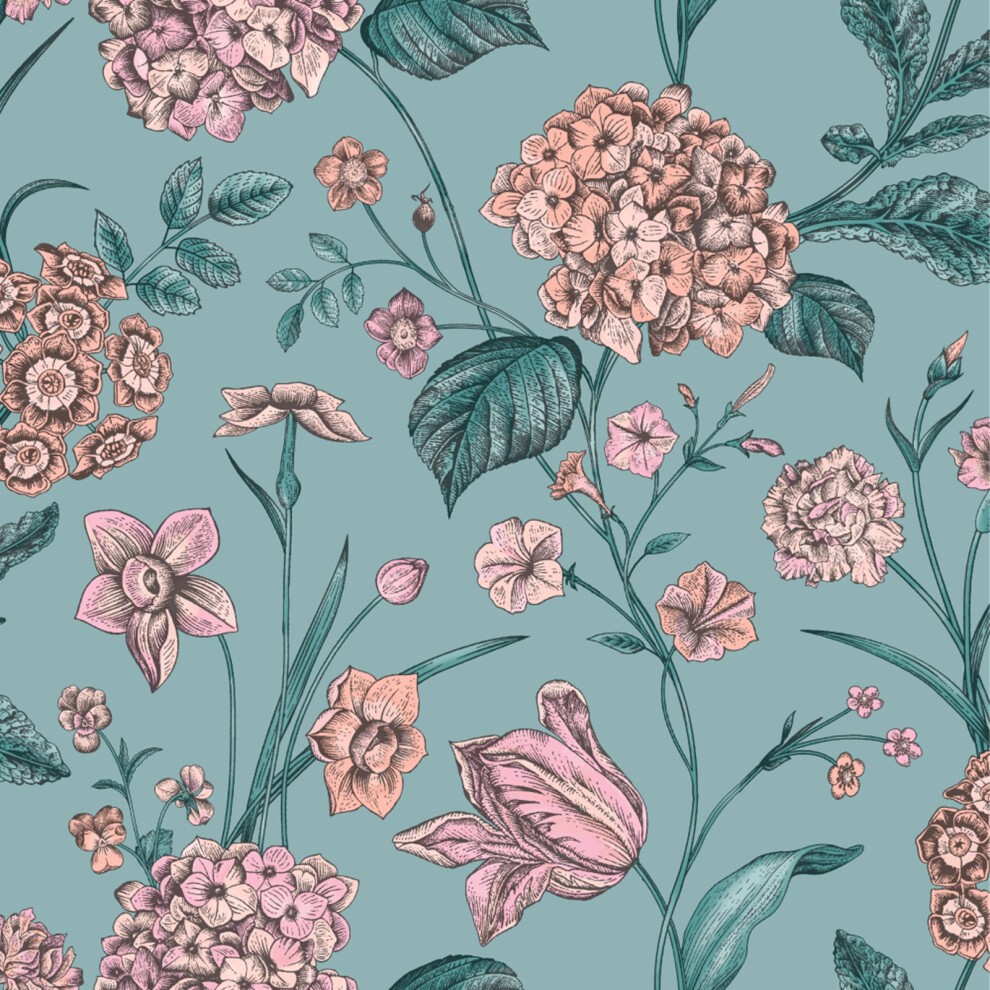Floral wallpaper featuring hydrangeas, tulips, and other flowers in soft pink and peach tones against a teal background, with intricate detailing and lush green leaves.