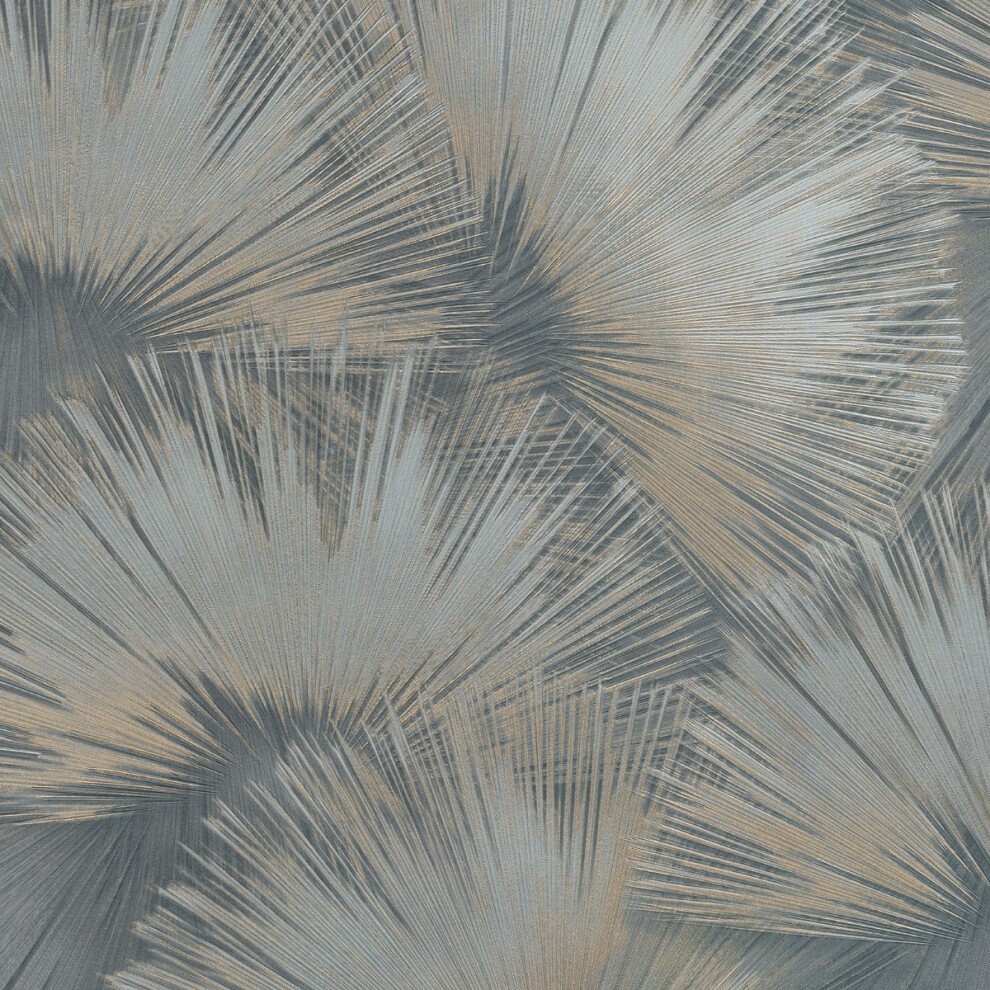 Blue vinyl wallpaper featuring a fan-like pattern with metallic gold accents, showcasing a textured design that adds elegance to any space.