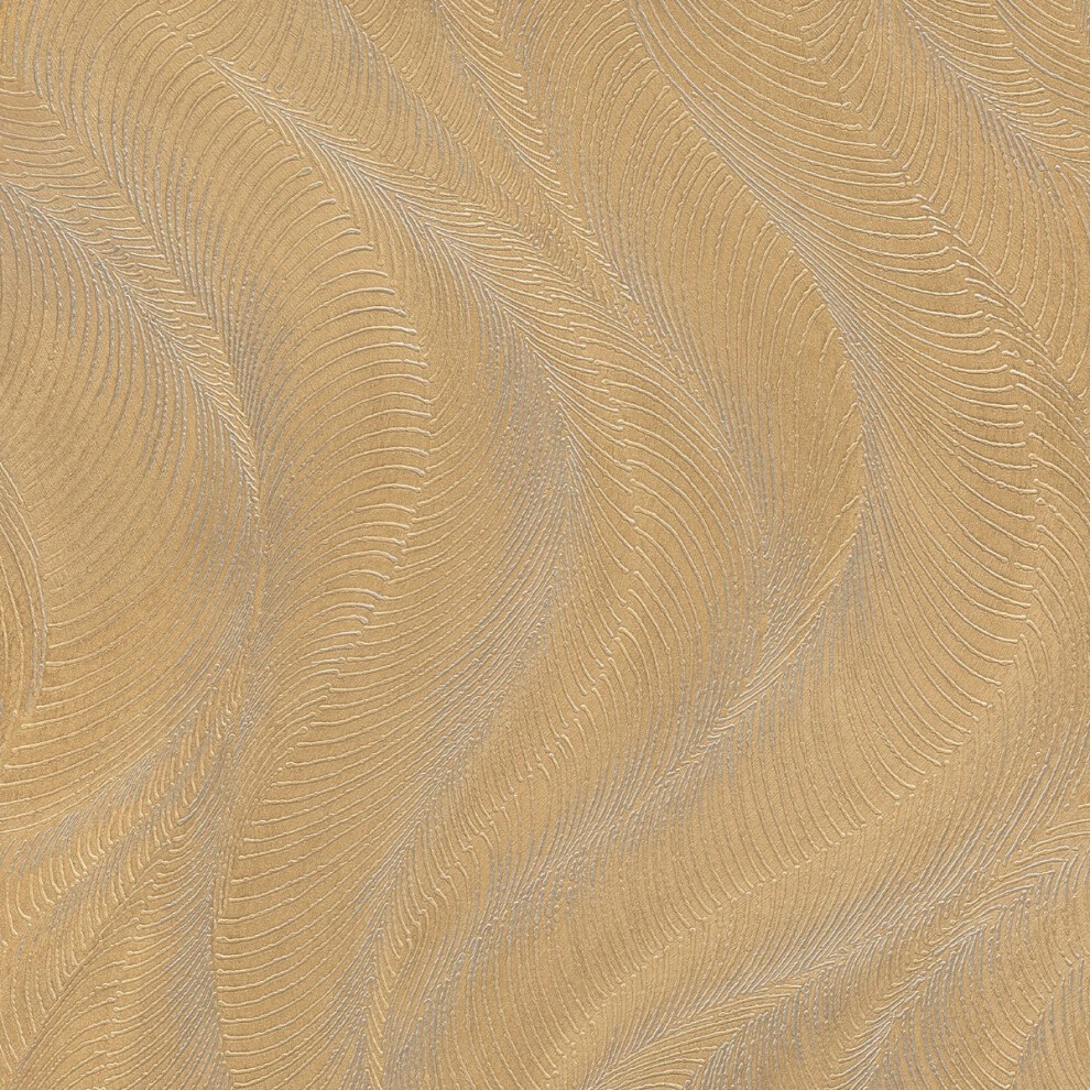 Metallic gold wallpaper featuring a textured wave pattern with subtle silver lines, creating an elegant and luxurious design.