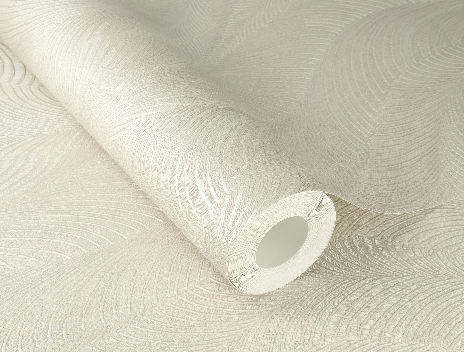 Textured wallpaper in soft green-taupe with a feather motif, featuring a subtle sheen and a smooth, non-woven material, rolled and partially unrolled.