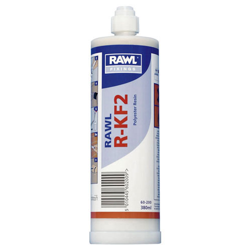 Clear plastic bottle of Rawlplug Polyester Resin, 380ml, featuring a white cap, blue and orange label with "RAWL" branding and product details.