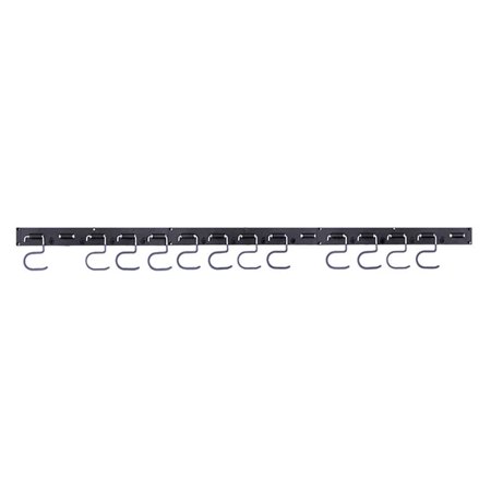 Black wall-mounted tool organizer with a 48-inch metal strip featuring multiple silver hooks for hanging tools and equipment securely.