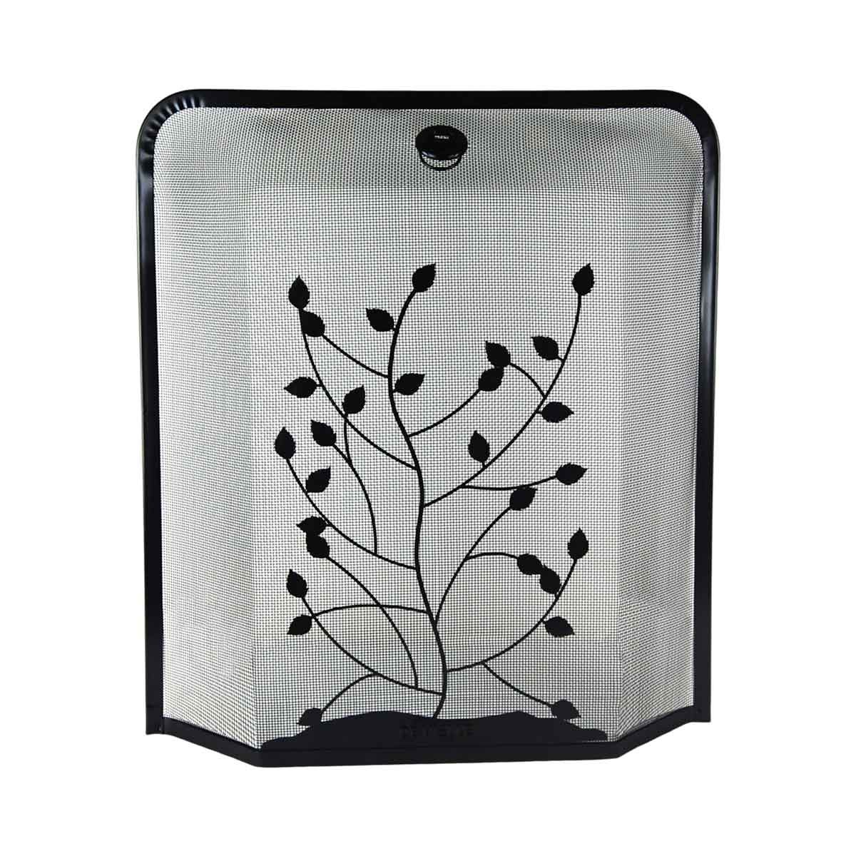 Black rectangular spark guard featuring a leaf design, measuring 61 x 54 cm, made of metal mesh with a sturdy frame for fireplace safety.
