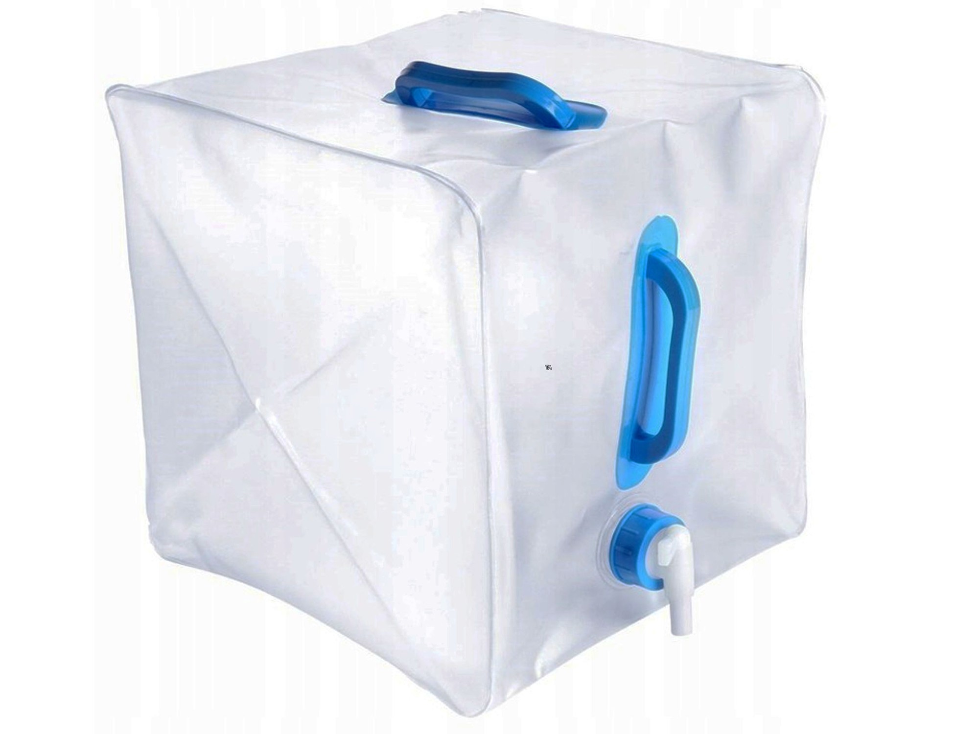 Foldable 20L water container by Koopman, featuring a transparent material, blue handles, and a spout for easy pouring.