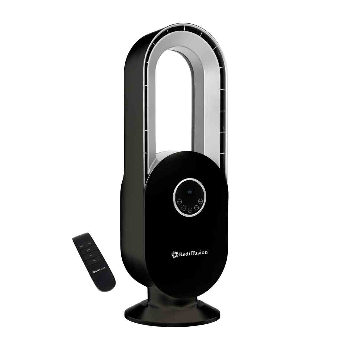 Bladeless fan in sleek black with a modern design, featuring a circular airflow opening, control panel with LED display, and a remote control for convenience.