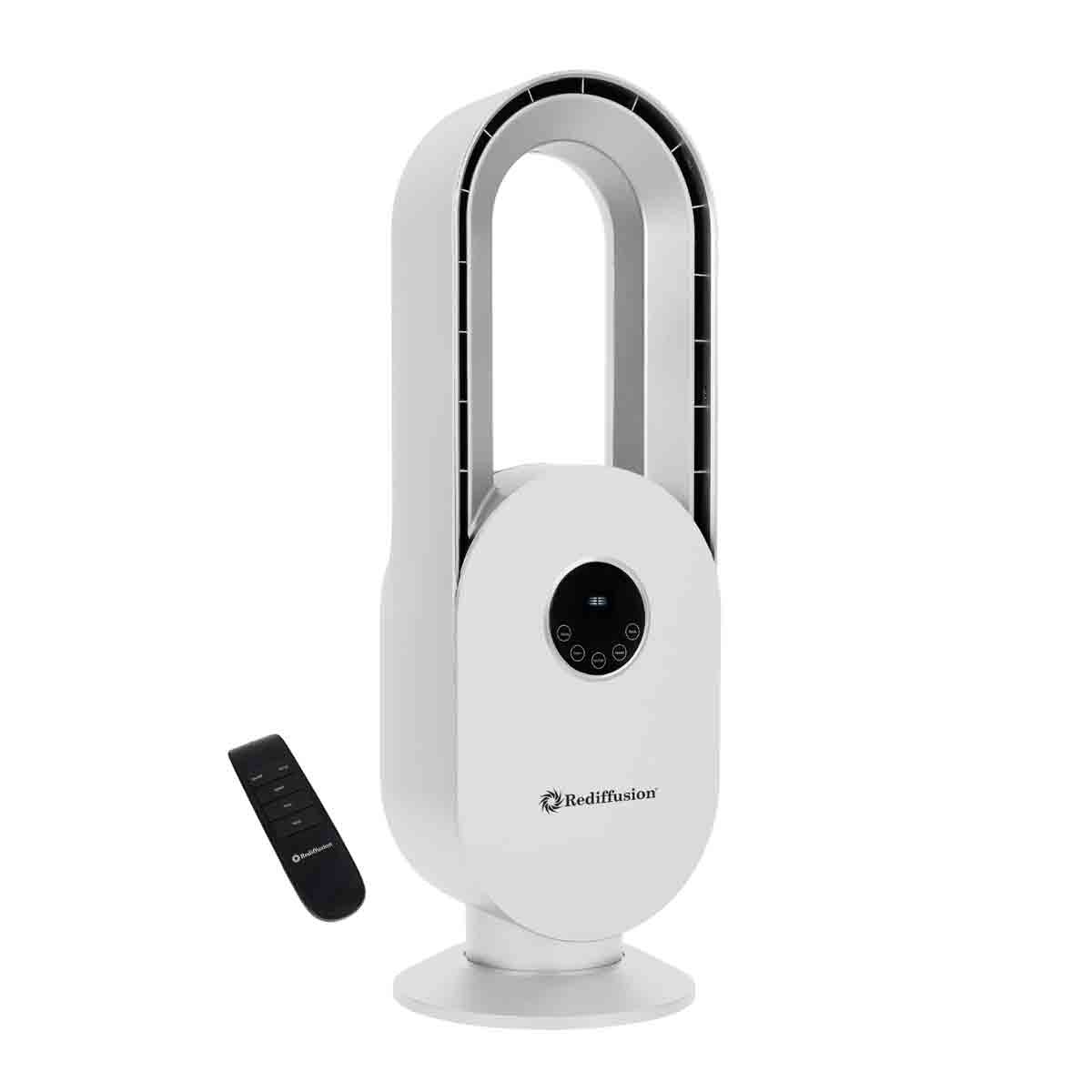 Bladeless fan in white with a sleek design, featuring a circular airflow opening and a control panel, accompanied by a remote control for easy operation.