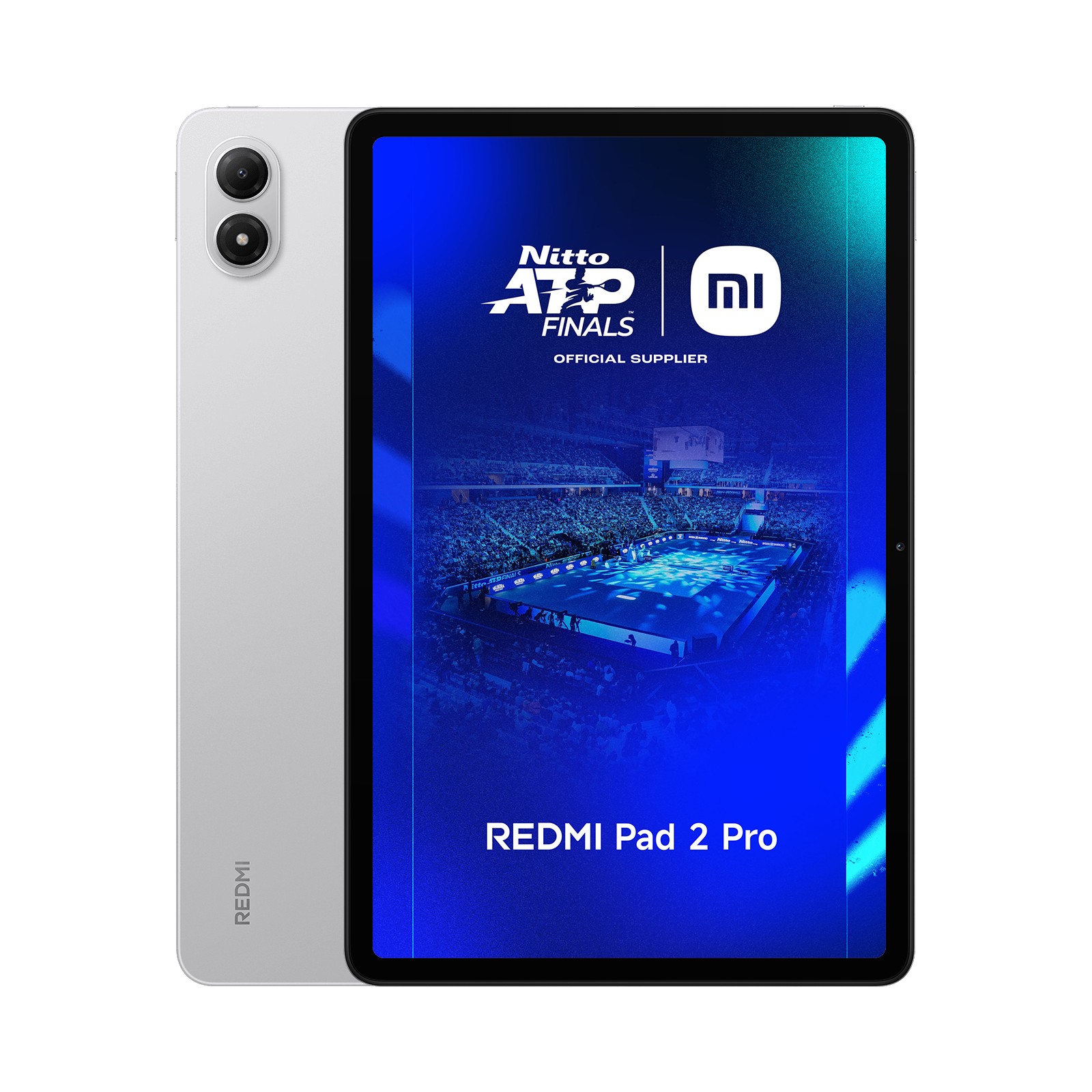 Sleek silver Xiaomi REDMI Pad 2 Pro with 6 GB RAM and 128 GB storage, featuring a vibrant display showcasing the Nitto ATP Finals logo.