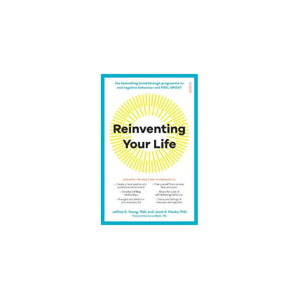 Bright turquoise book cover featuring the title "Reinventing Your Life" in bold yellow text, with a sunburst design, authors' names at the bottom in smaller black font.