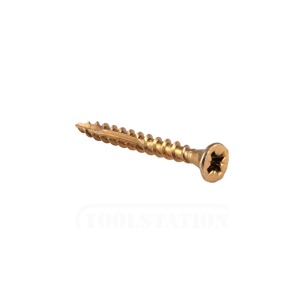 Countersunk yellow wood screw with a Pozi drive, measuring 4 x 25mm, featuring sharp threads and a smooth finish, packaged in a quantity of 1602 by Reisser.