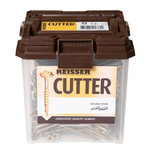 Brown plastic container labeled "REISSER CUTTER" filled with yellow wood screws, featuring a countersunk head and Pozi drive, with a total of 1400 screws inside.