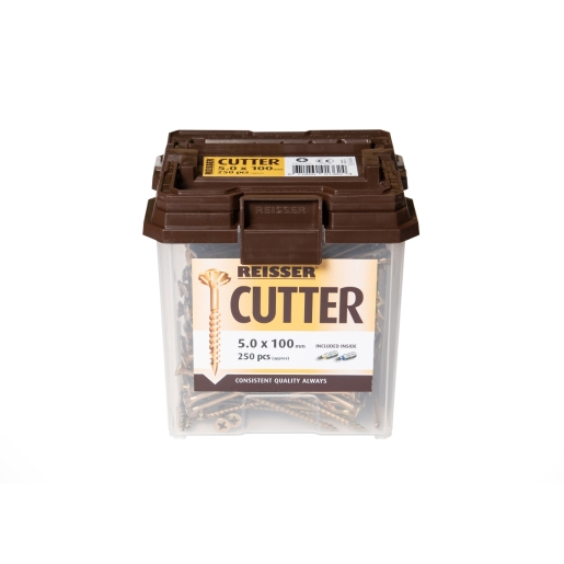 Brown plastic container filled with 1000 yellow-coated Reisser 4 x 45mm Pozi countersunk wood screws, featuring a clear label with product details.