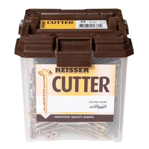Brown plastic container labeled "REISSER CUTTER" filled with yellow wood screws, featuring a countersunk head and Pozi drive, with a quantity of 802 screws visible inside.