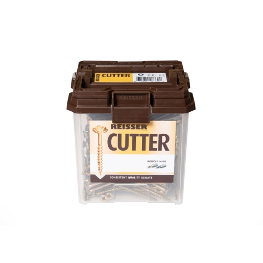 Brown plastic container holding 500 yellow wood screws, labeled "Reisser Cutter," featuring a countersunk head and Pozi drive, designed for woodworking applications.