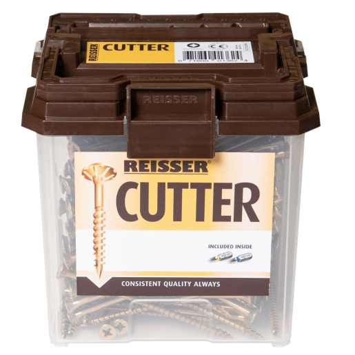 Transparent plastic container with a brown lid, labeled "REISSER CUTTER," filled with 192 yellow wood screws, each 5 x 120mm, featuring a countersunk and Pozi drive design.