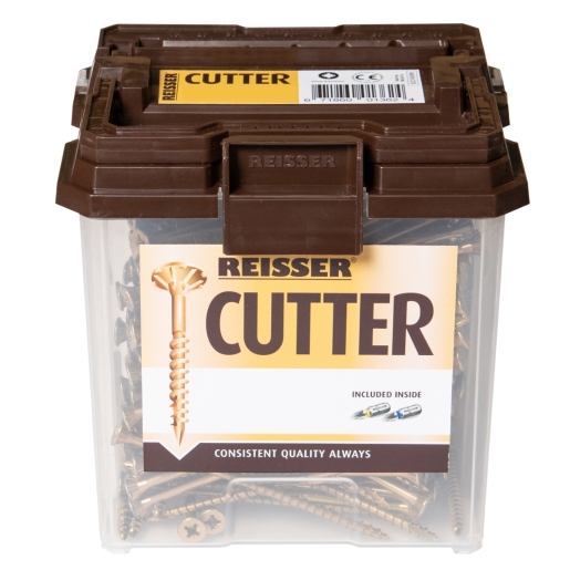 Brown plastic container labeled "REISSER CUTTER" holding 302 yellow wood screws, 5 x 90mm, with a countersunk head and Pozi drive, showcasing a durable design for woodworking.