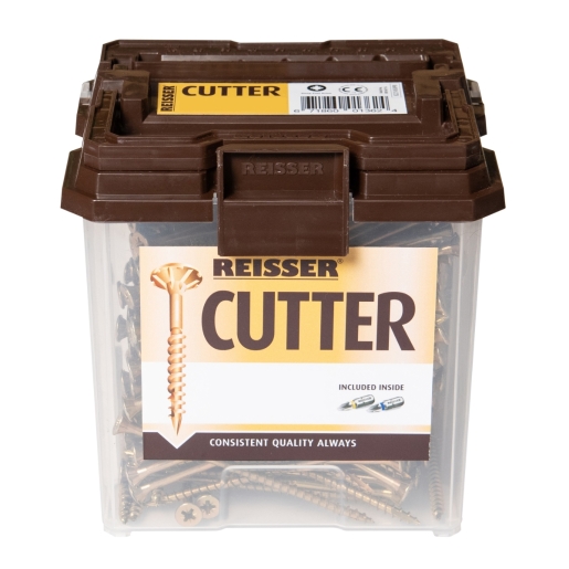 Clear plastic container with a brown lid, filled with yellow wood screws, labeled "REISSER CUTTER," showcasing 252 countersunk Pozi screws, 6 x 80mm size.