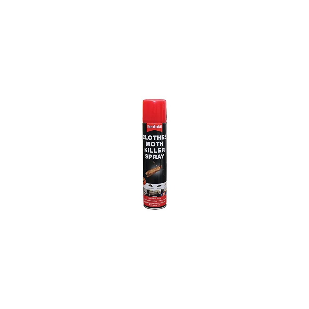 Red aerosol can labeled "Clothes Moth Killer Spray" by Rentokil, featuring a black and white design with a clear view of the product name and usage instructions.