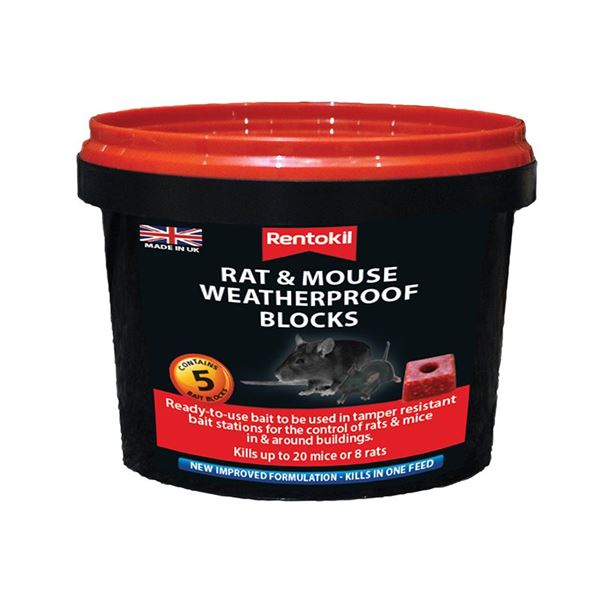 Black plastic bucket with a red lid, labeled "Rentokil Rat & Mouse Weatherproof Blocks," containing five pink bait blocks for rodent control.