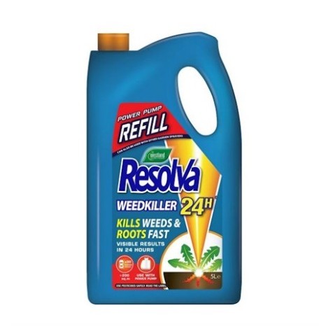 Bright blue plastic container with a yellow cap, labeled "Resolva Xpress Weedkiller Power Pump Refill," featuring a green plant graphic and text highlighting fast weed and root killing.