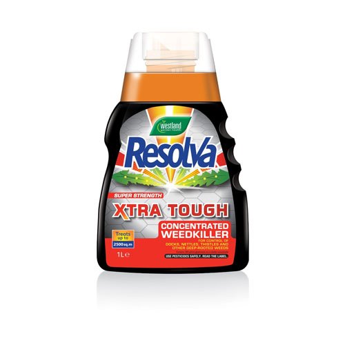 Black and orange plastic bottle of Resolva Pro 'Weedkiller' Super Strength Concentrate, 1L, featuring a green and white label with bold text and a handle for easy pouring.