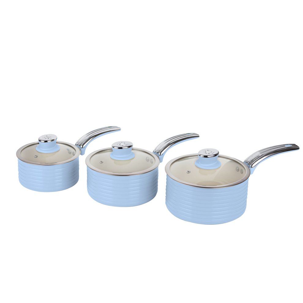 Three retro-style saucepans in light blue with ribbed exteriors, each featuring glass lids and stainless steel handles, showcasing a vintage aesthetic.