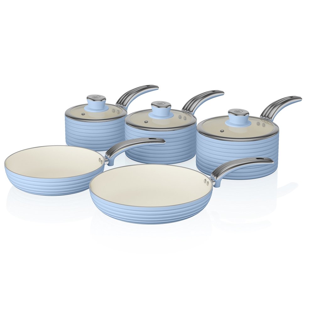 Swan Retro 5 Piece Pan Set in soft blue, featuring ribbed exteriors, stainless steel handles, and cream-colored non-stick interiors, ideal for stylish cooking.