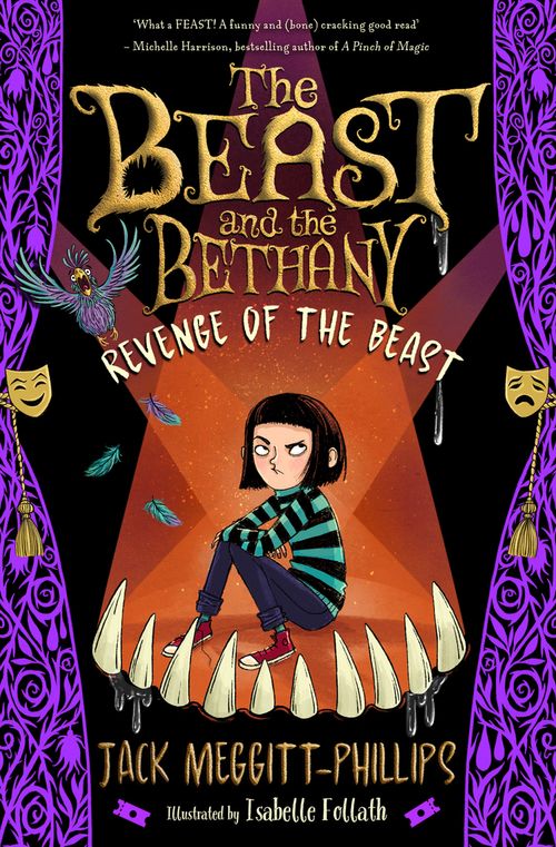 Colorful book cover featuring a girl with black hair in a striped shirt, surrounded by whimsical elements like a bird and masks, with bold text stating "Revenge of the Beast."
