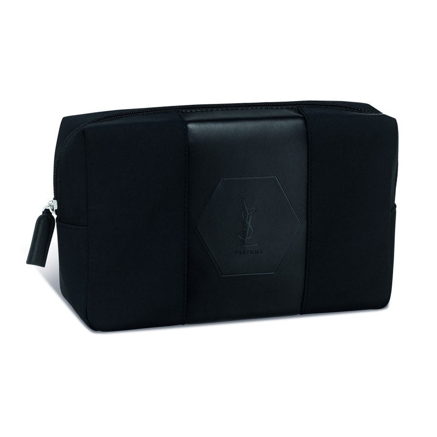 Black cosmetic bag with a textured hexagonal YSL logo patch, featuring a zip closure and a sleek, modern design, ideal for storing beauty essentials.