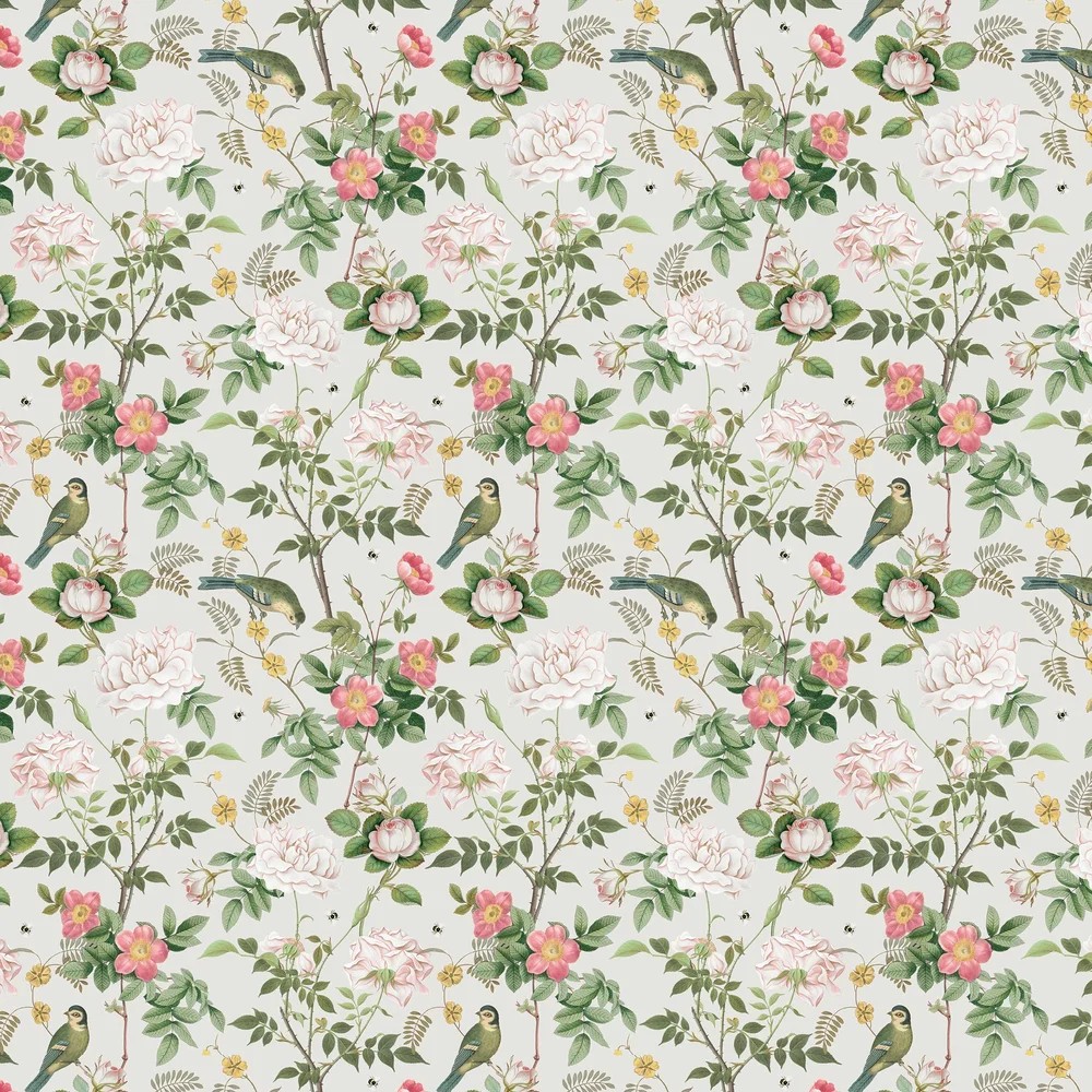 Floral wallpaper featuring pink peonies, green foliage, and small birds on a light grey background, showcasing a vibrant and nature-inspired design.