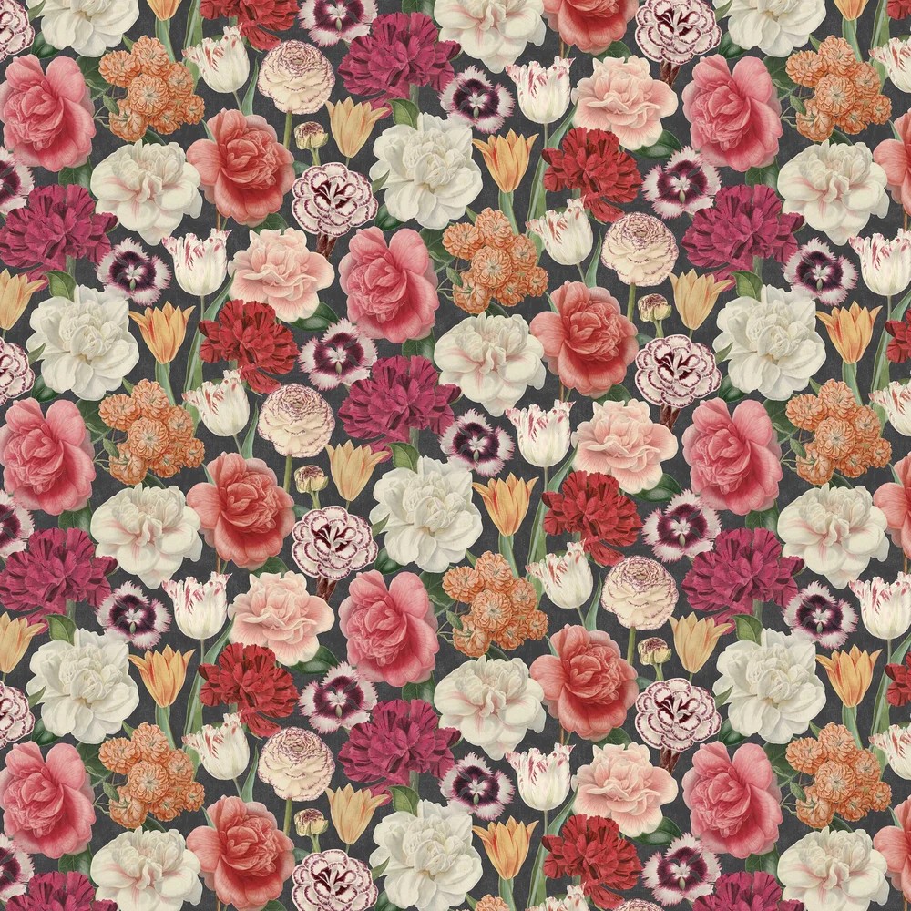 Floral wallpaper featuring a vibrant arrangement of roses, tulips, and carnations in shades of pink, red, cream, and purple against a dark green background.