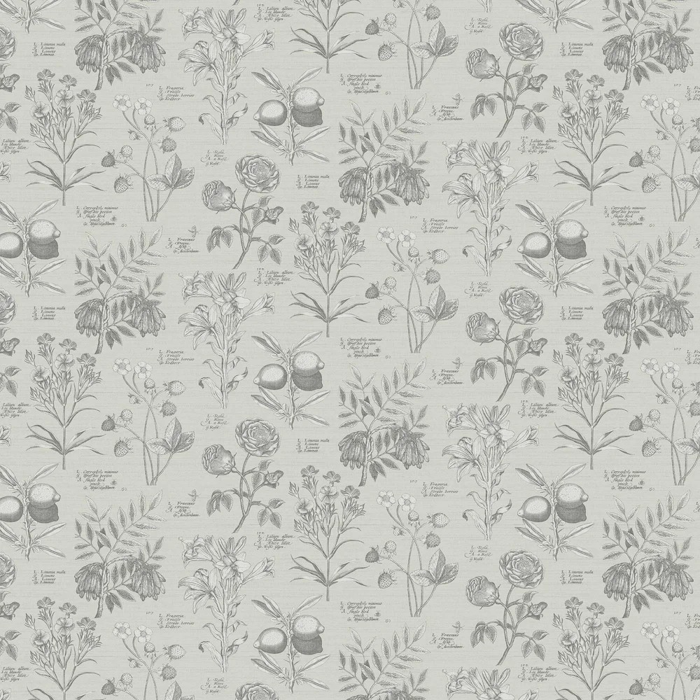Botanical wallpaper featuring intricate grey sketches of flowers and plants on a light grey background, showcasing a vintage, natural aesthetic.