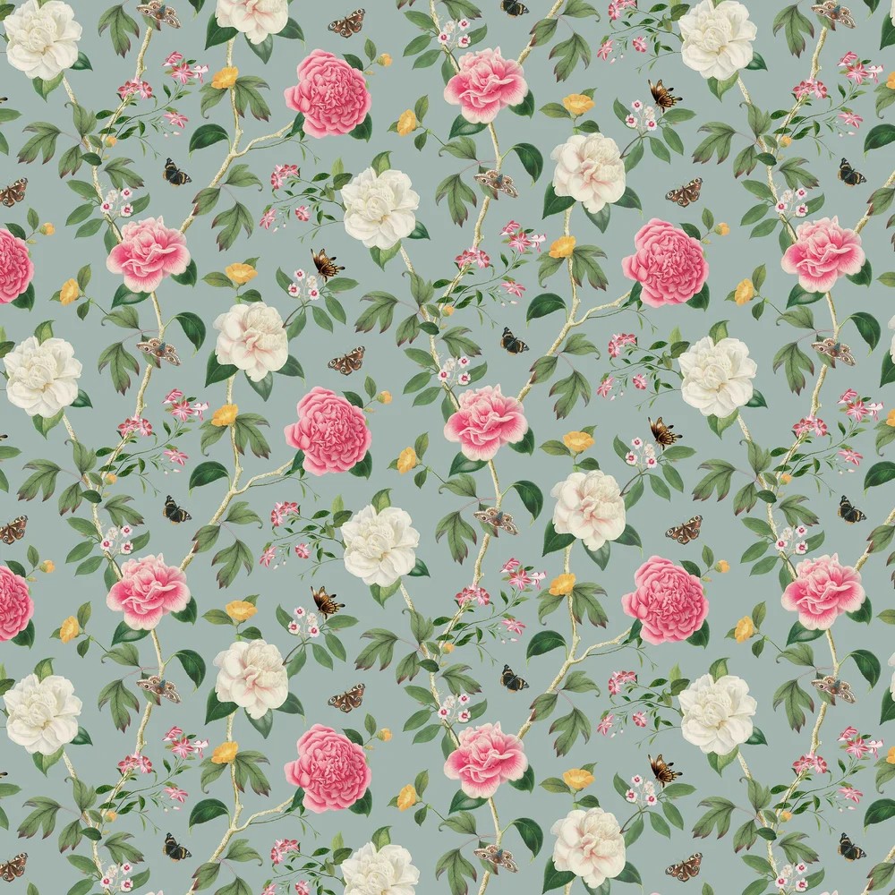 Chinoiserie wallpaper featuring pink and white peonies, delicate blossoms, butterflies, and a soft green background, showcasing intricate floral and insect designs.