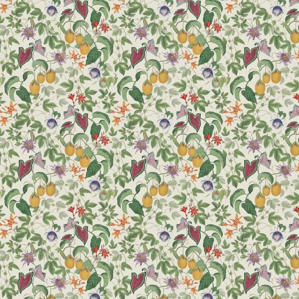Floral wallpaper featuring a vibrant pattern of citrus vines with yellow lemons, purple flowers, and green leaves on a light cream background.