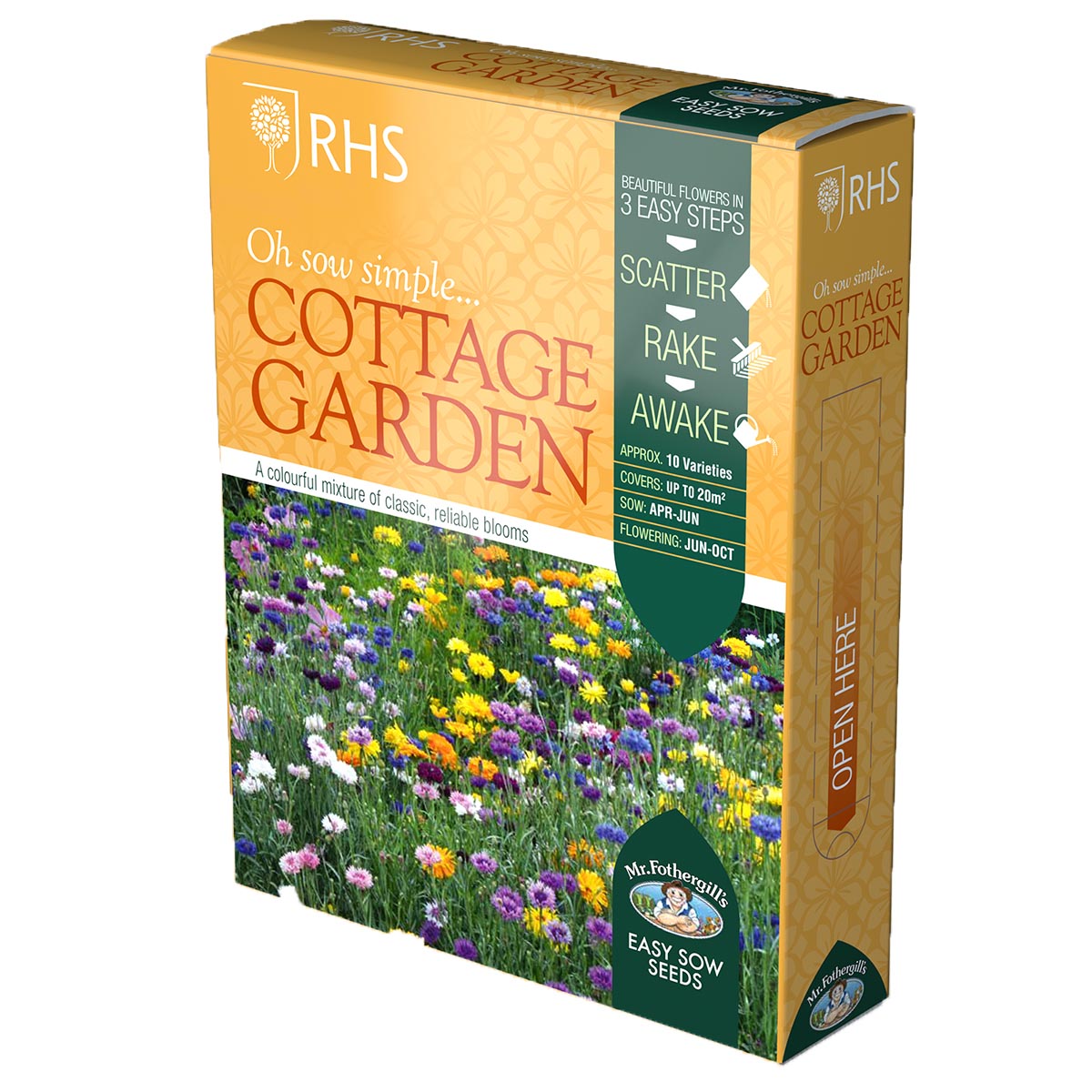 Bright orange box featuring "Mr Fothergill's RHS Easy Sow Cottage Garden Classics Flower Seeds" with colorful flower illustrations, instructions, and a flap labeled "OPEN HERE."