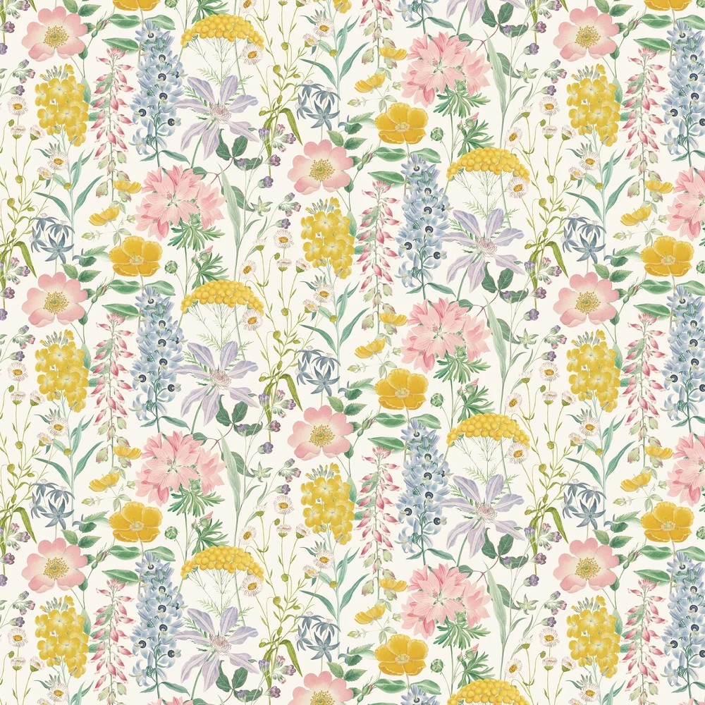 Floral wallpaper featuring a pastel color palette with pink, yellow, and blue flowers, set against a soft cream background, showcasing intricate botanical illustrations.