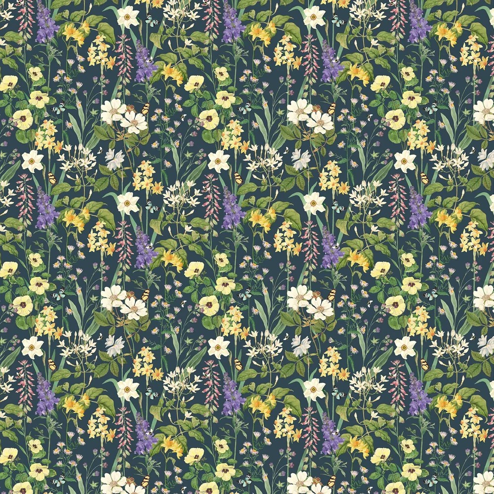 Floral wallpaper featuring a medley of colorful flowers in shades of yellow, white, purple, and green against a dark blue background, showcasing intricate botanical designs.