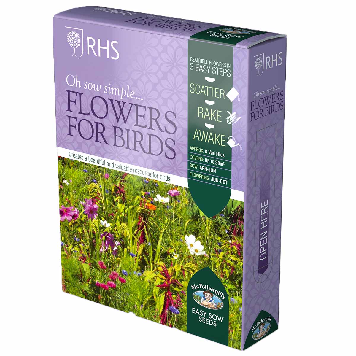 RHS Flowers for Bees Seed Pack by Mr Fothergill's Seeds features a colorful floral design on a purple box, highlighting easy sowing instructions and blooming months.