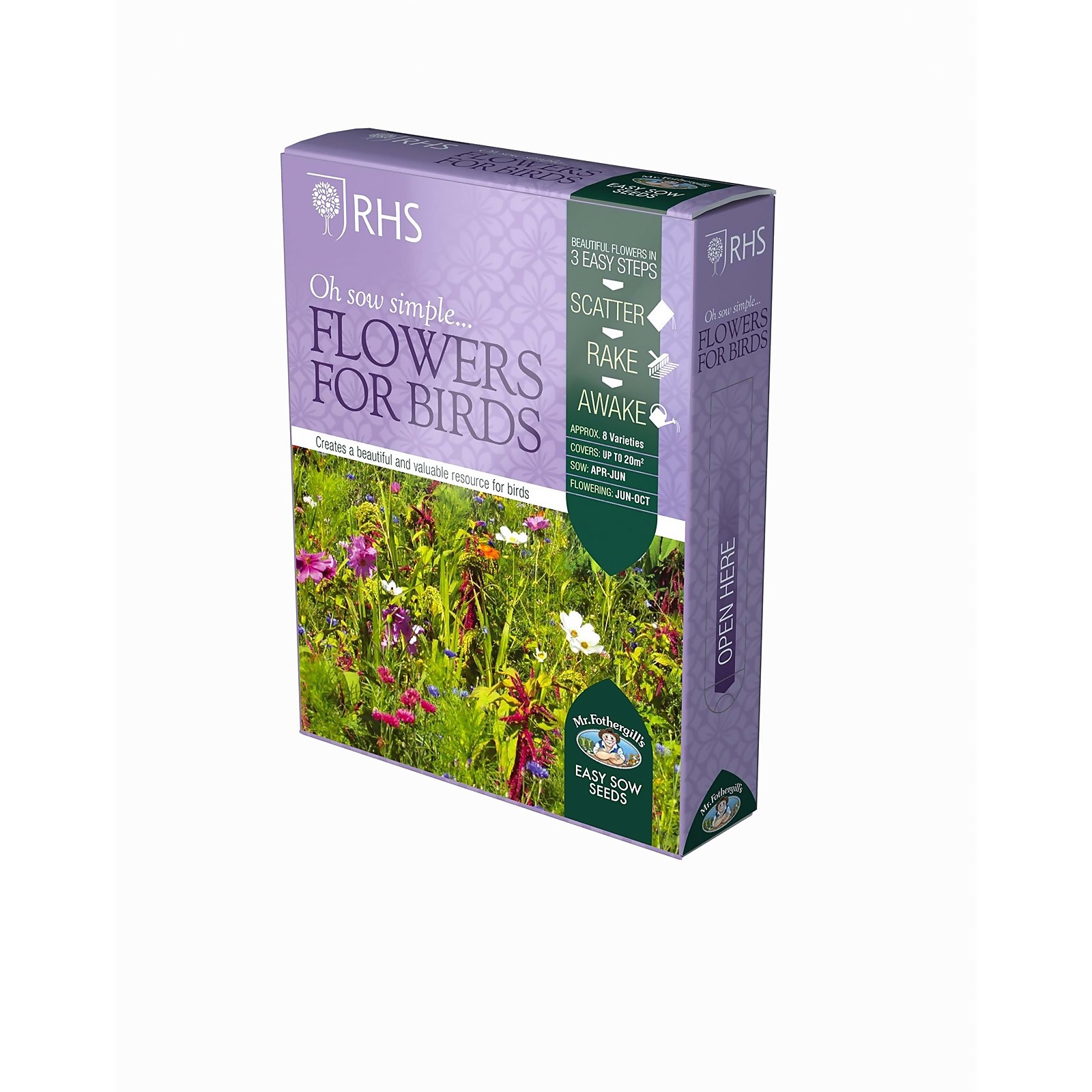 RHS Flowers for Birds seed pack by Mr Fothergill's Seeds, featuring a purple box with floral graphics, instructions, and a green label highlighting easy sowing steps.